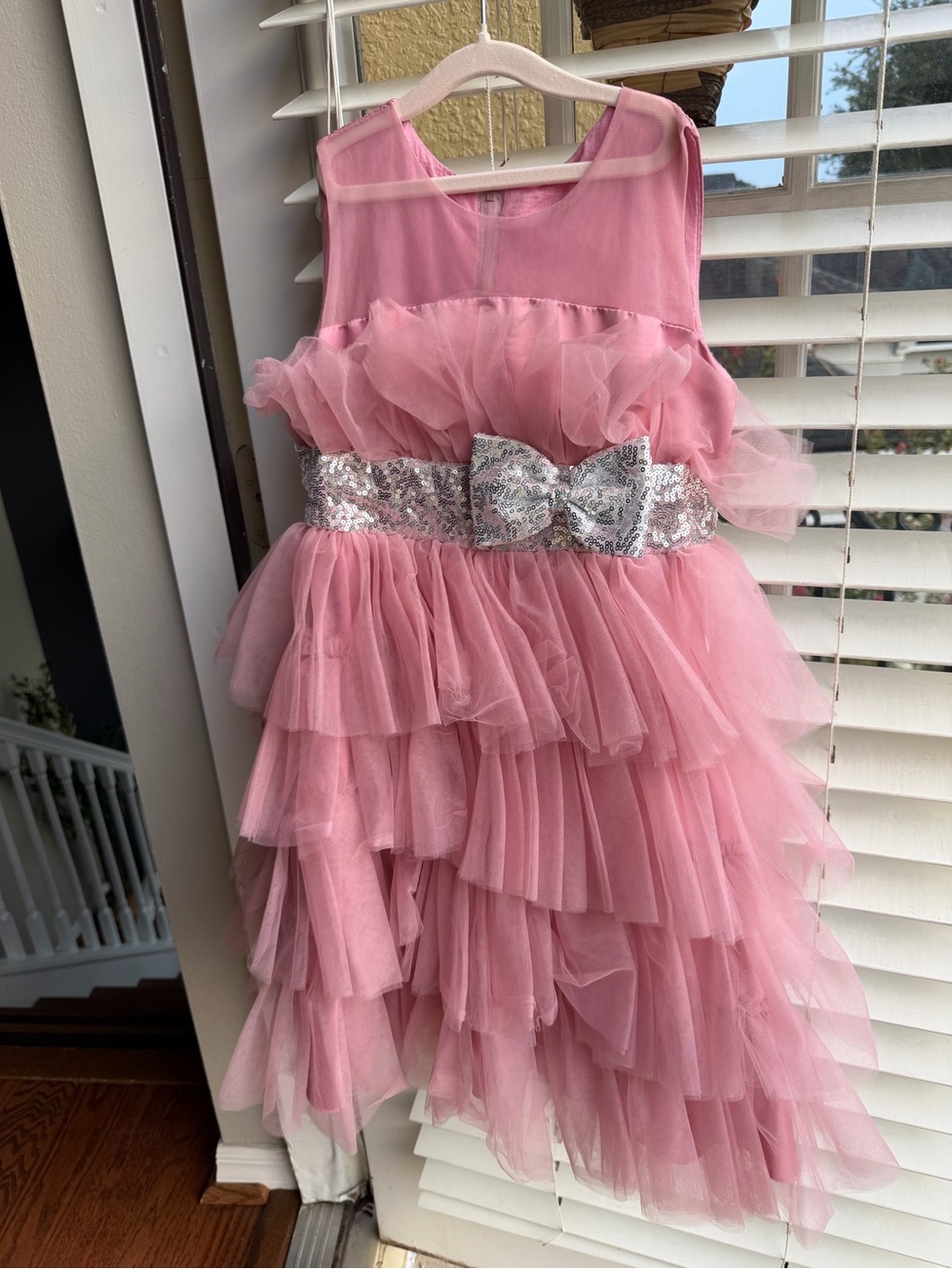 Pink Ruffled Tulle Party Dress with Sequin Bow Belt